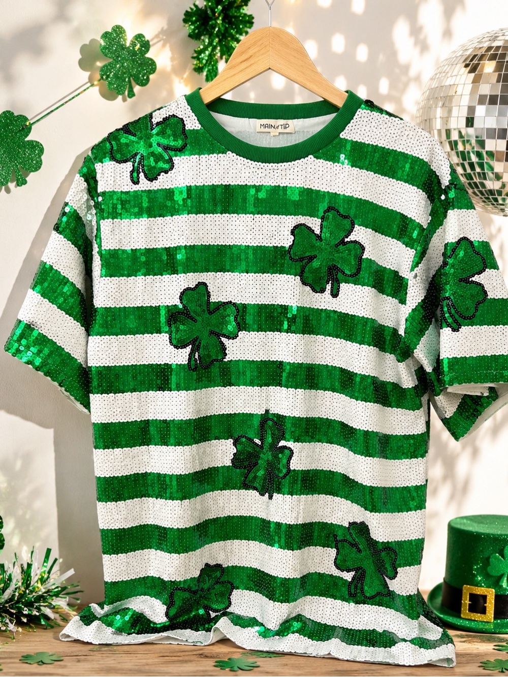 Main Strip Green and White Sequin Clover Stripe Tee